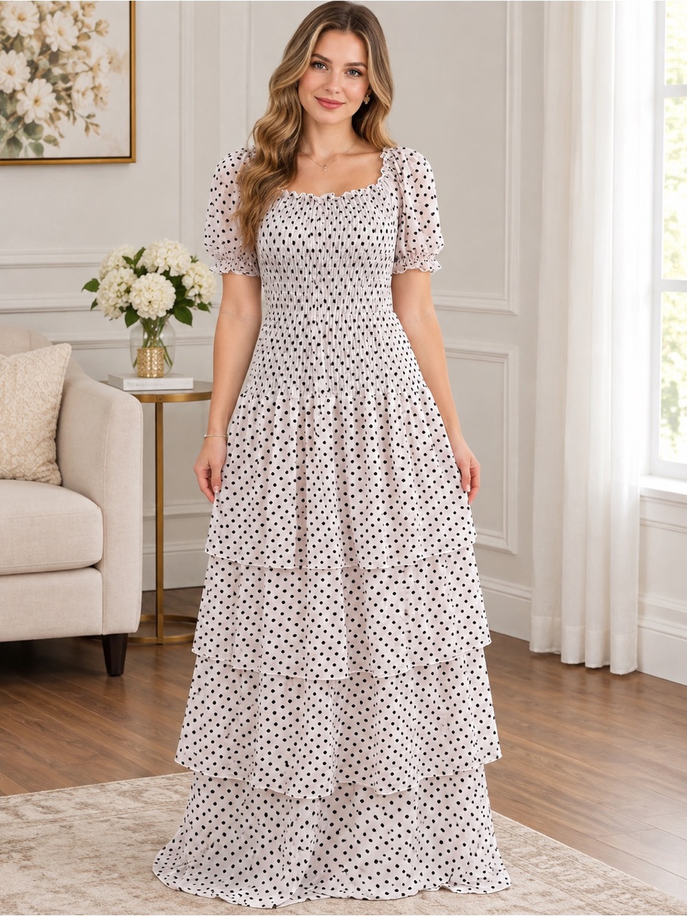 Smocked Polka Dot Maxi Dress - White/Black